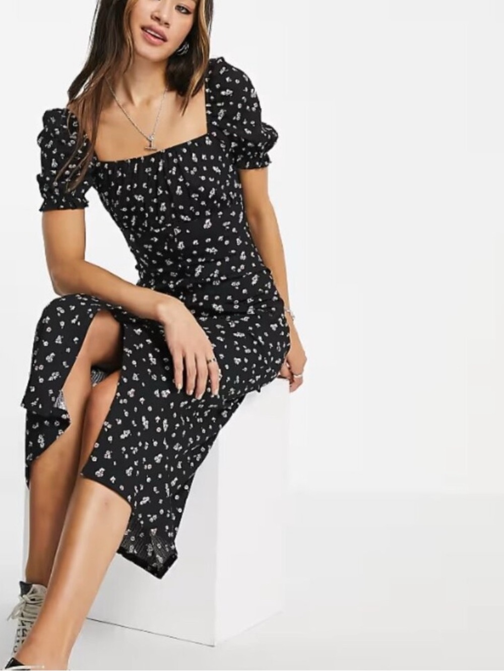 Topshop Black Floral Puff Sleeve Midi Dress Cottagecore Milkmaid US 6